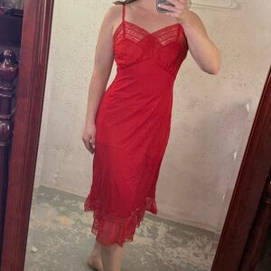 Vintage Red Lace Slip Dress Midi Length Sleeveless 1970s